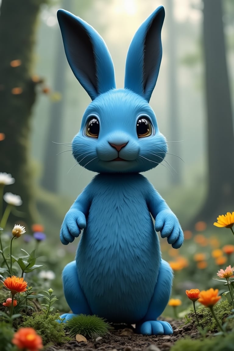 Big blue rabbit with black ears in a fantasy forest