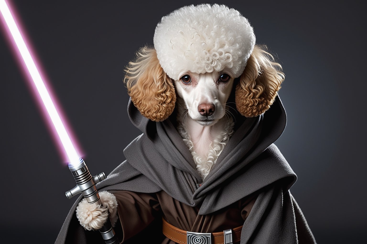 (poodle:1.3), a master jedi poodle white star wars, holding lightsaber, wearing a jedi cloak hood, photorealistic,poodle
