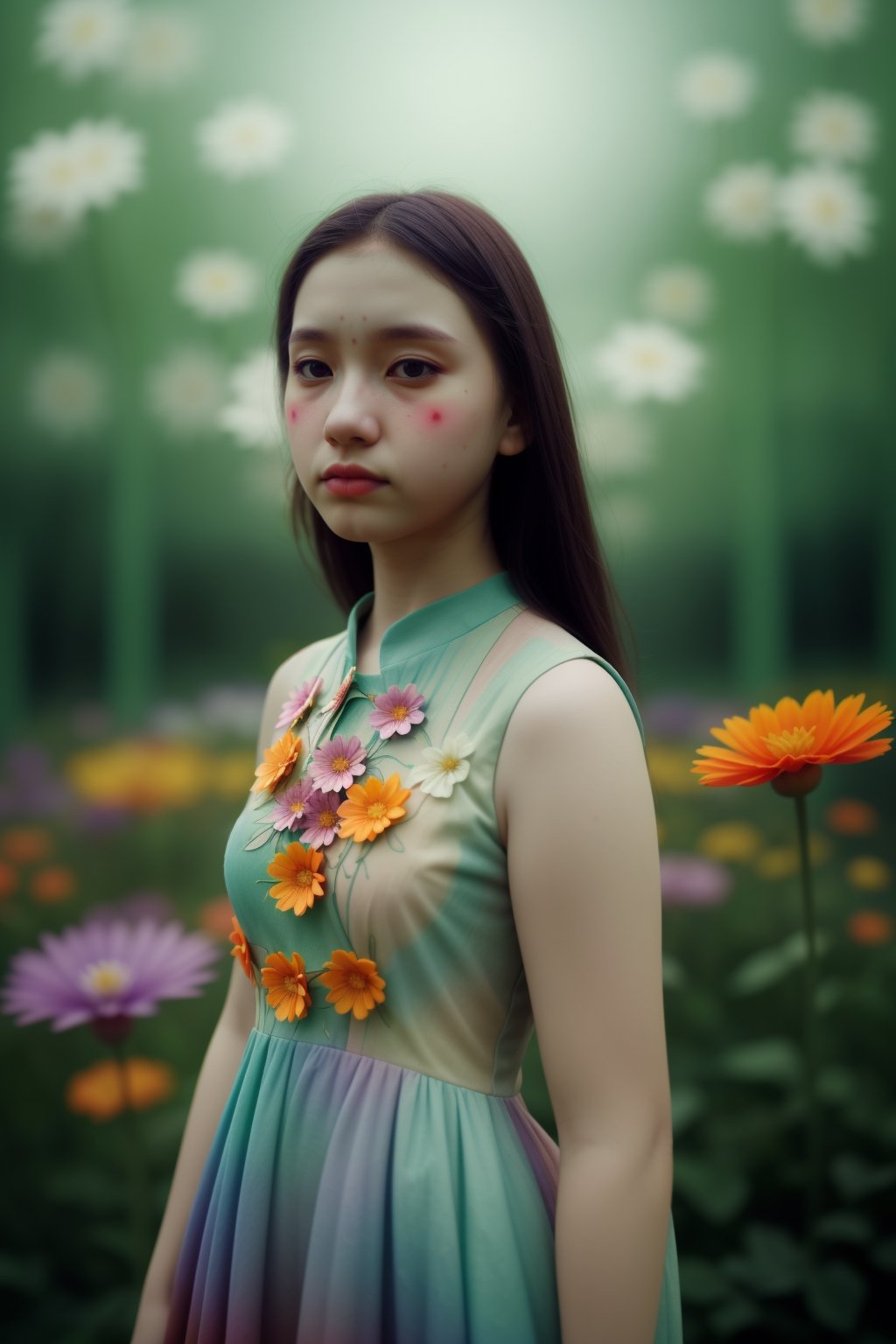 woman, flower dress, colorful, darl background,flower armor,green theme,exposure blend, medium shot, bokeh, (hdr:1.4), high contrast, (cinematic, teal and orange:0.85), (muted colors, dim colors, soothing tones:1.3), low saturation