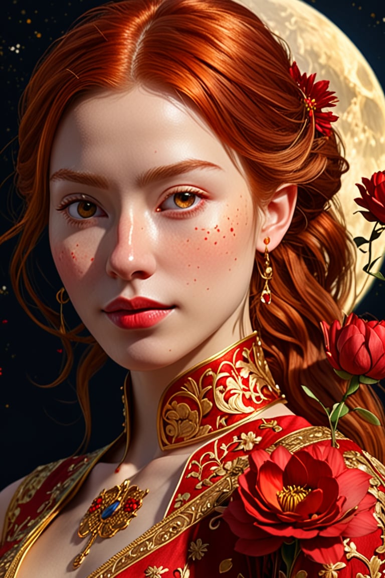 (1girl, face focus, medium shot, gracefully, golden petals and red flowers form intricate patterns against the backdrop of the moon, reminiscent of the styles of Da Vinci), Detailed texture, High quality, High resolution, High precision, Realism, Color correction, Proper lighting settings, Harmonious composition, Behance Works,detail-rendering,Watercolor,Realistic Enhance,redhead