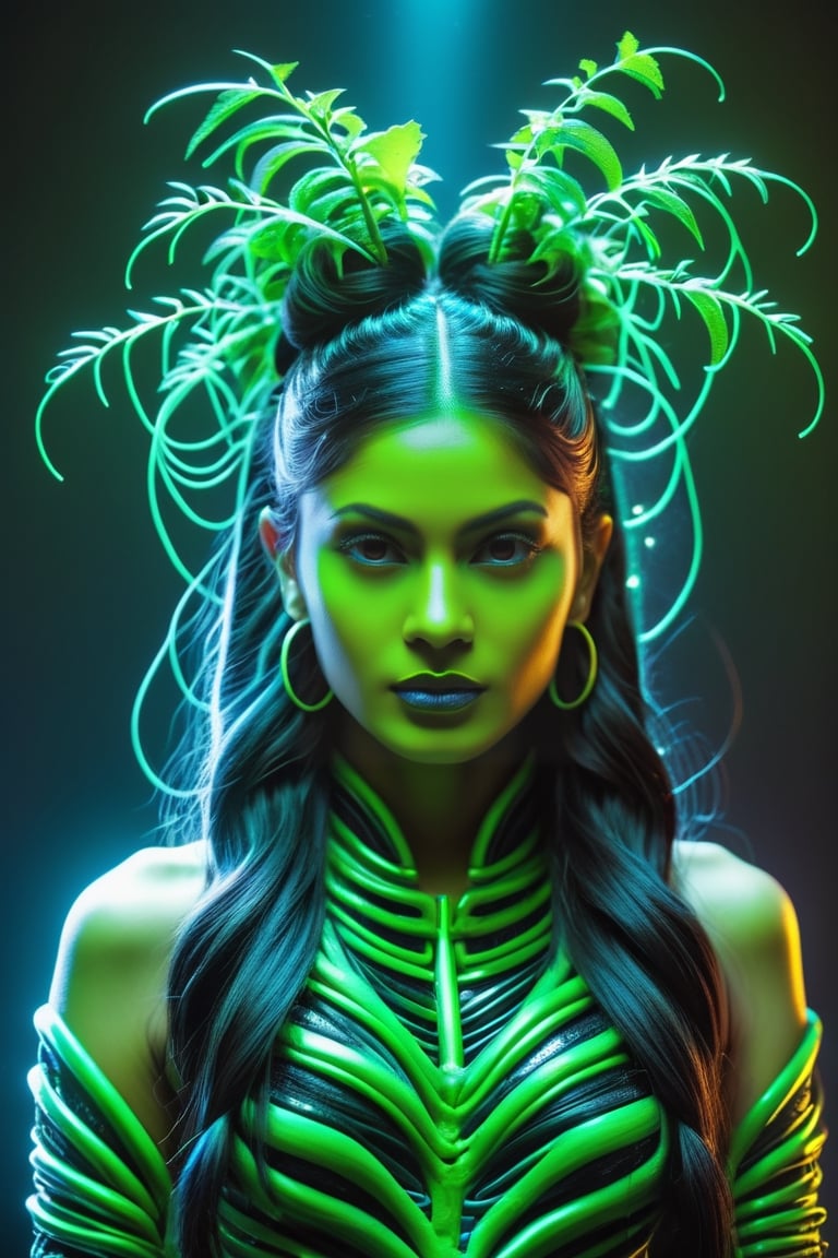 ((Ultra Long Exposure Photography)) Indian woman with long black hair in space buns. She is the goddess of horticulture. She’s covered in millions of microscopic fibers, ultra bright neon strings emanating from her body. beautiful backlit silhouette, high detailed, covered in neon vines and leaves and futuristic flora. Green color palette.,photo r3al