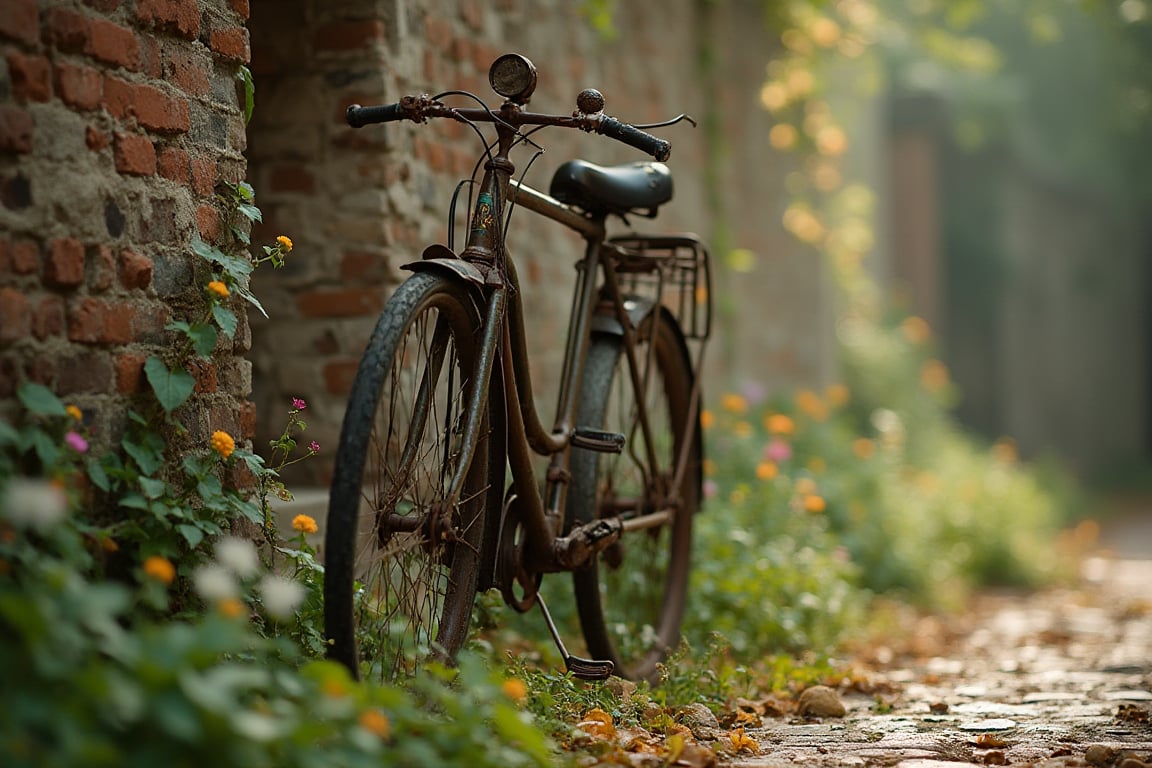 Soft focus on an antique bicycle's weathered frame against a centuries-old brick wall, vines snaking across aged stones, and riotous flowers bursting from weeds. Rusty tires and faded paint evoke patina. Morning light casts warm glow, misty droplets glistening on damp earth after recent rain. The bicycle's rusty hinges seem to sigh in harmony with the gentle morning mist.