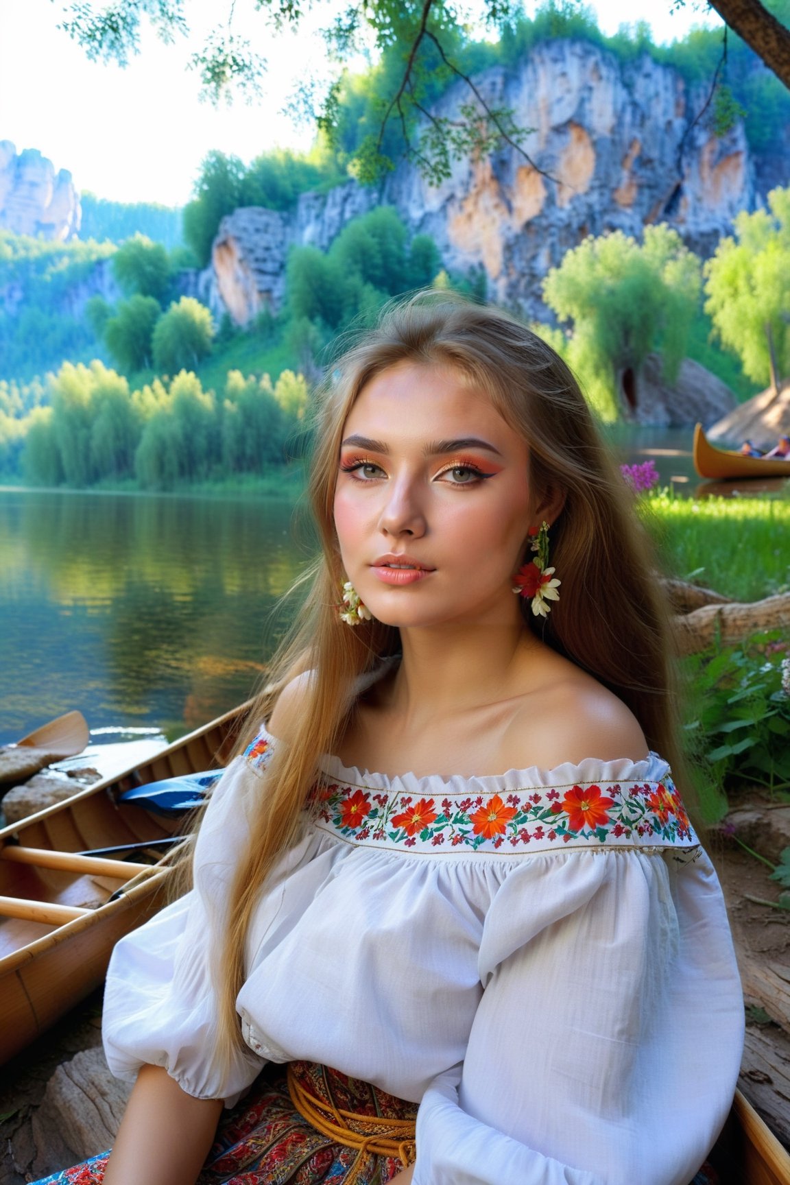 1girl, beautiful russian , make_up , she is sitting Wood-and-canvas canoes near rock lake and flower and big tree, close up, face focu