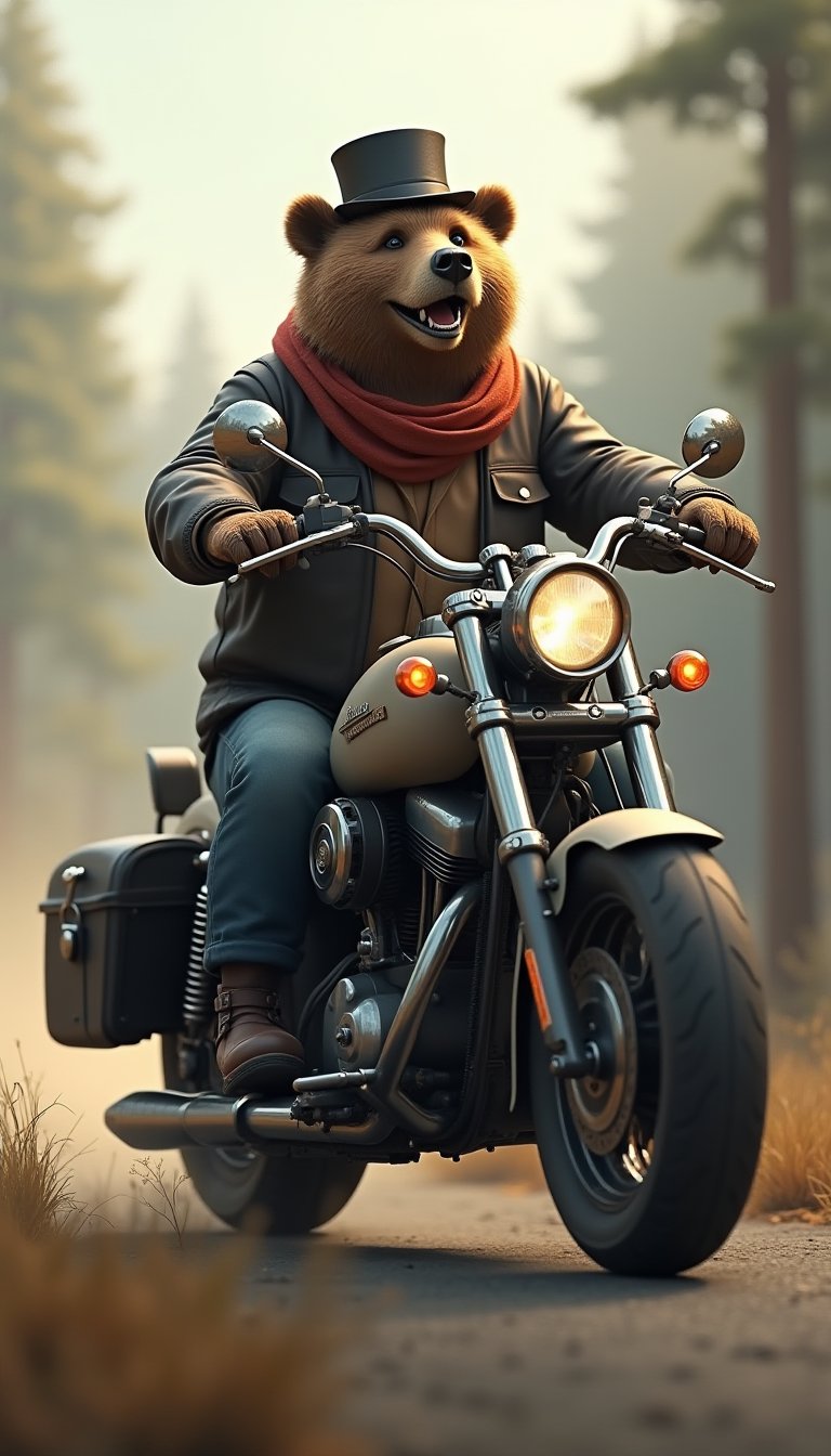 (An anthropomorphic Norwegian Forest bear(wearing  a top hat) happily riding a large motorcycle), (f1.4, Canon EOS, SIGMA Art Lens 35mm F1.8, ISO 200 Shutter Speed 2000), Unity, Unreal Engine, High Technology, Octane Rendering, Ultra High Quality, Ultra High Resolution, Ultra High Quality, Ultra Realistic, Color Correct, Good Lighting Settings, Good Composition, Very Low Noise, Sharp Contours, Harmonious Great composition, precise and detailed drawing