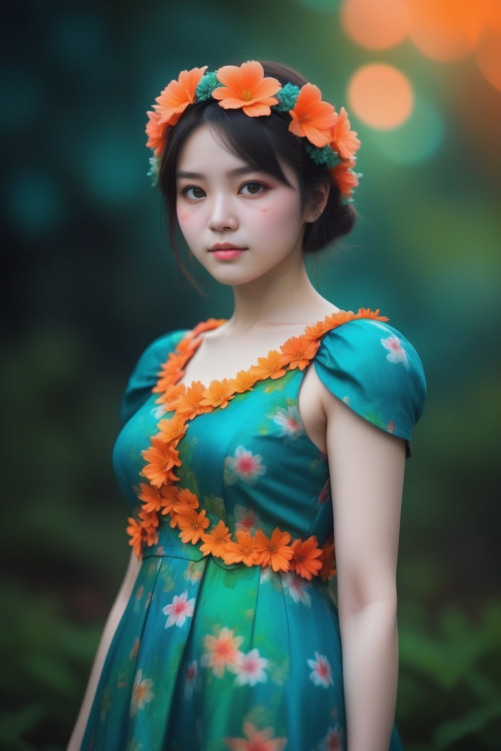 woman, flower dress, colorful, darl background,flower armor,green theme,exposure blend, medium shot, bokeh, (hdr:1.4), high contrast, (cinematic, teal and orange:0.85), (muted colors, dim colors, soothing tones:1.3), low saturation