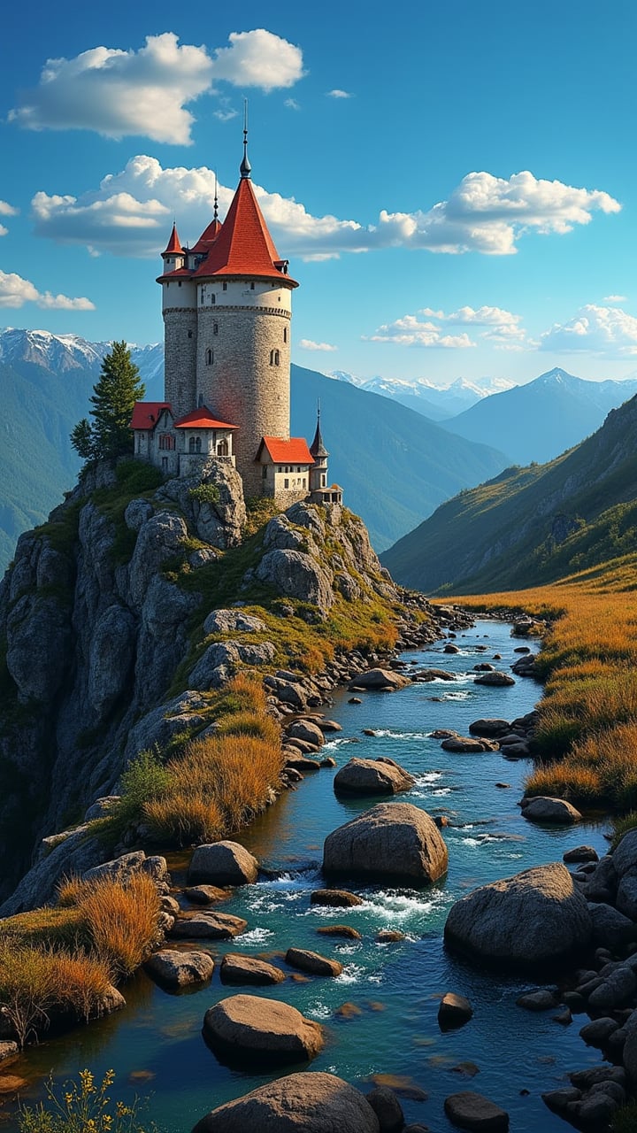 Captured at eye-level on a vibrant day, a majestic castle stands atop a mountain, adorned with a red roof. The castle is situated on a rocky cliff, adding a touch of nature to the scene. To the right of the castle, a stream of water is flowing, creating a peaceful and serene landscape. The sky is a deep blue, dotted with a few white fluffy clouds, adding depth to the composition.