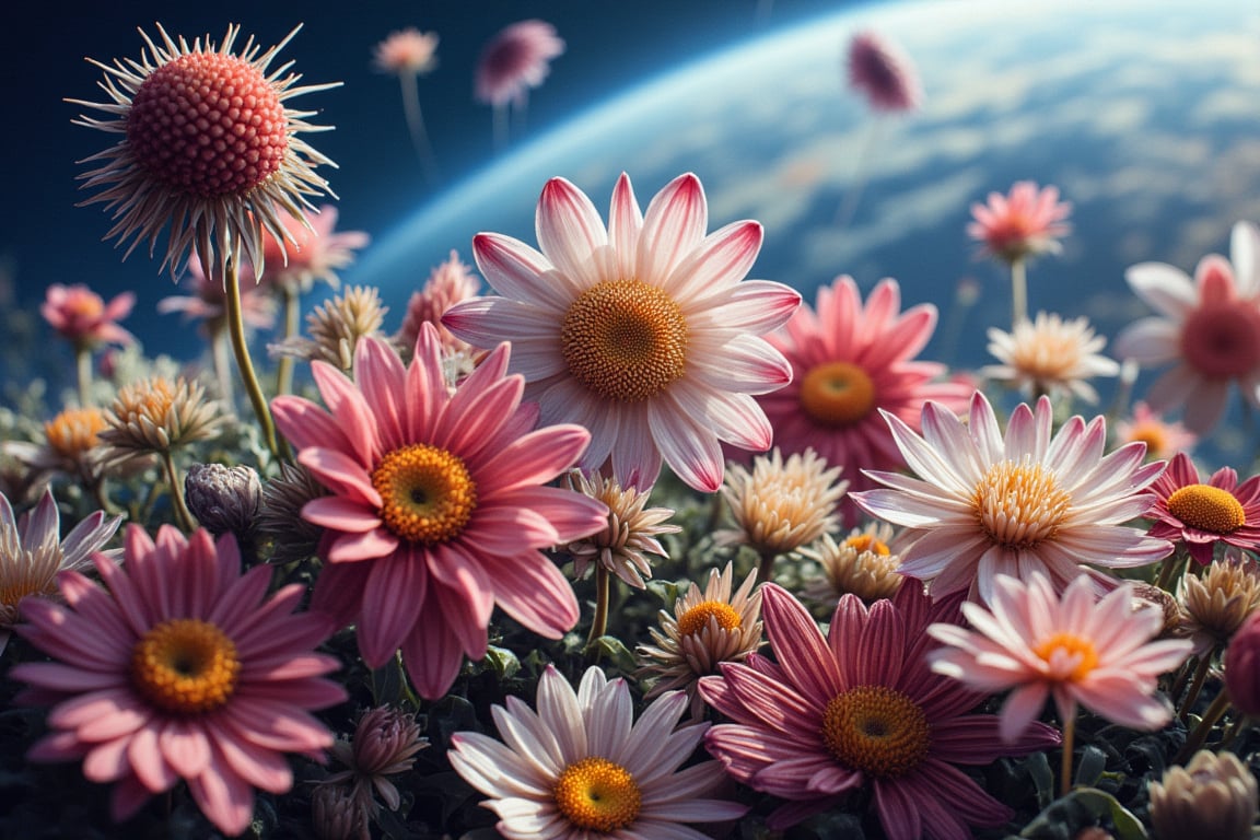 A surrealistic, ethereal shot of a breathtaking alien garden, set against the backdrop of a distant planet outside our solar system. A variety of extraordinary, never-before-seen flowers from this unknown world bloom in harmony, with one stunning species standing out - a simple yet captivating arrangement of extraterrestrial blooms that defy gravity and radiate an otherworldly beauty.