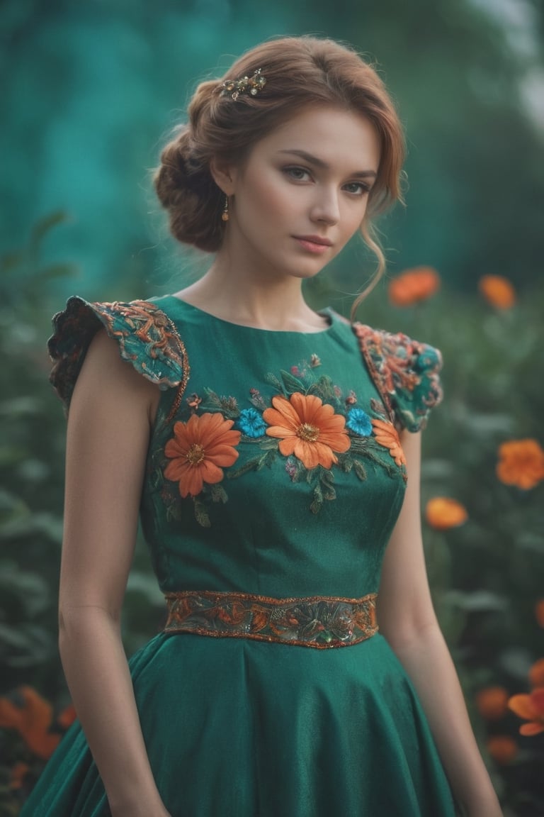 Russian woman, flower dress, colorful, darl background,flower armor,green theme,exposure blend, medium shot, bokeh, (hdr:1.4), high contrast, (cinematic, teal and orange:0.85), (muted colors, dim colors, soothing tones:1.3), low saturation
 