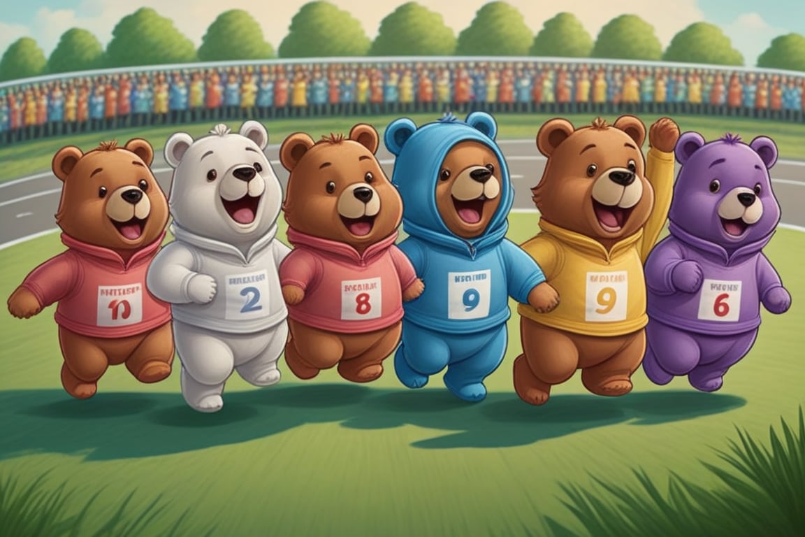 Ten bears representing various countries hopping down a race track where the finish line is a plate of juicy flies.,APEX colourful 