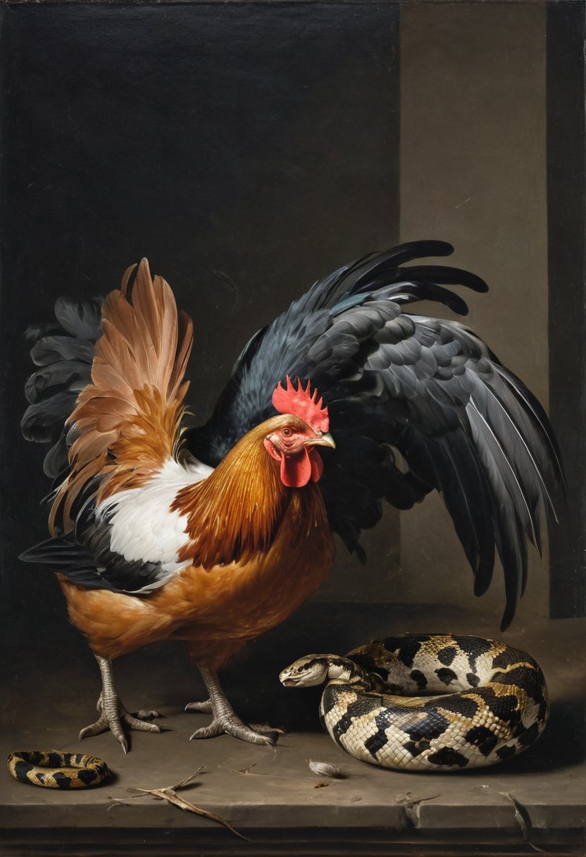 Fighting between a chicken and a snake, styled after Alessandro Magnasco