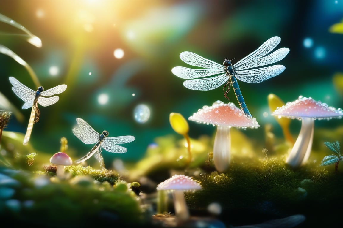 Create an enchanting whimsical fairy garden scene, where delicate plants and tiny mushrooms are adorned with sparkling dewdrops under a soft morning light. The composition captures glittering dragonflies in mid-flight, adding a dynamic element to the serene, lush setting. The framing focuses on the intricate details of the miniature landscape, inviting viewers into a magical, hidden world.