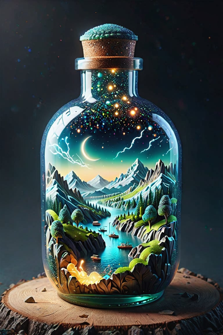 best quality,high resolution,realistic,extremely detailed,8k,crisp,vibrant detailed macro image masterpiece,glowing floating insane dream particles artistic hyperdetailed immersive galactic fantasy,huge realistic,detailed busy scene inspired cinematic, micro shot, miniature world, extreme close up inside the big magical bottle, iridescent colorful massive neon lightning strikes contained inside the rounded bottle, detailed landscape with trees and mountains and rivers inside the rounded bottle, there should be mist and smoke inside the rounded bottle, intricate, blurry dark background, , , ,brccl,glitter