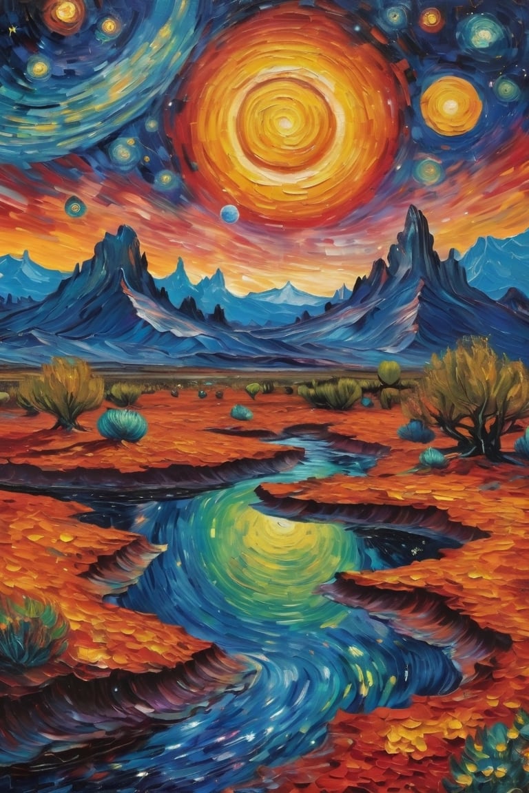 masterpiece, An oil painting of an alien planet, Van Gogh, galaxy in background, vibrant colors, best quality, highly detailed
