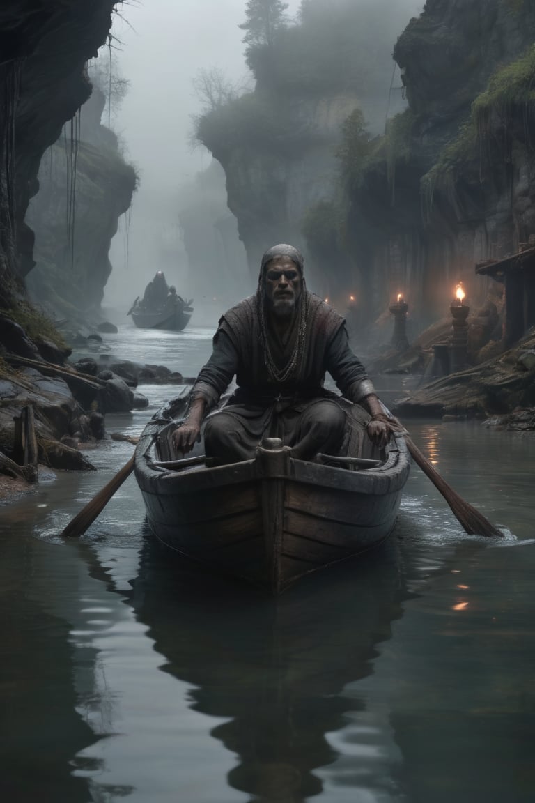 Charon in his boat crosses a river in some underground chains to the other side of the afterlife with his crew who are very scared.