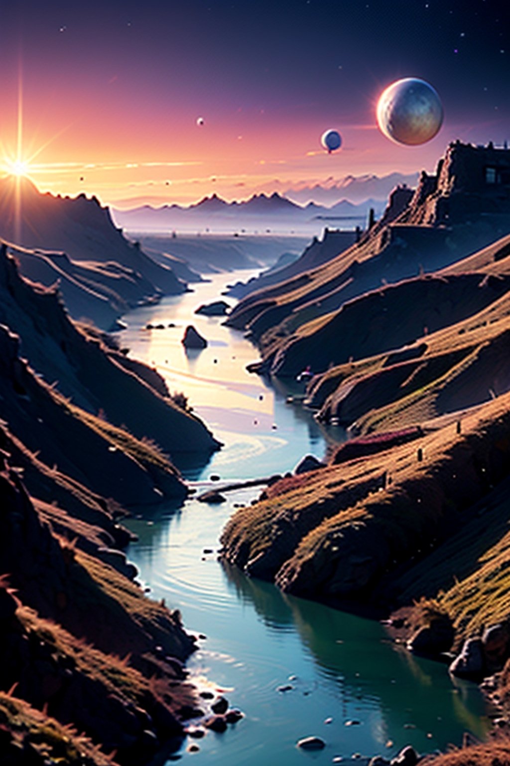 best masterpiece) (high resolution,dark mountains,sunset,not a single human being,beautiful light in the sky,heart-shaped stars in the sky,many hills,beautiful,relaxed atmosphere,river flows,on the left is the earth,two suns,flock of birds aliens