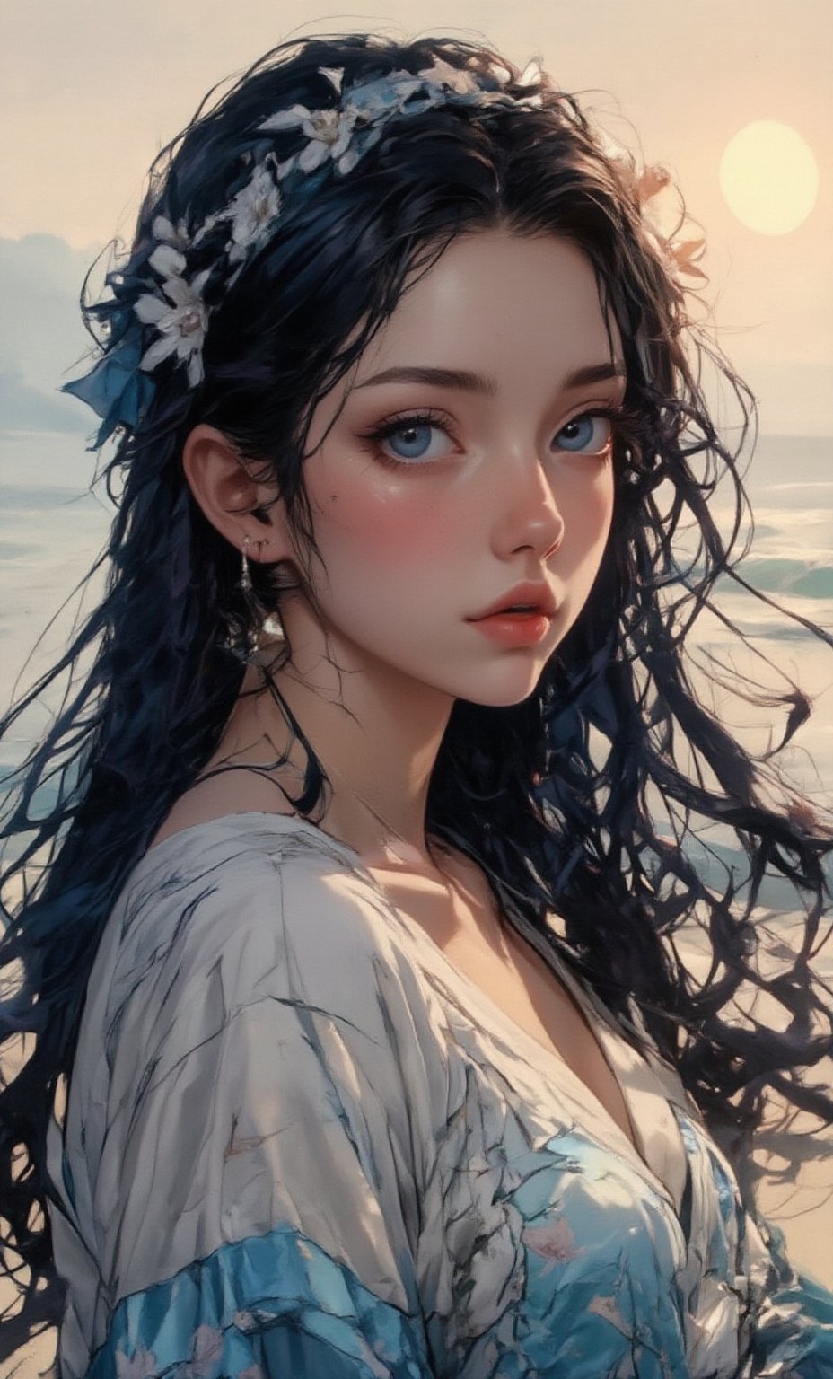 Real picture A serene woman with deep blue eyes and long, flowing hair decorated with a crown of daisies. She is dressed in a simple, white cotton dress. The background shows a blurred beach scene with gentle waves and a golden sunset.,Shinobu_RT_flux