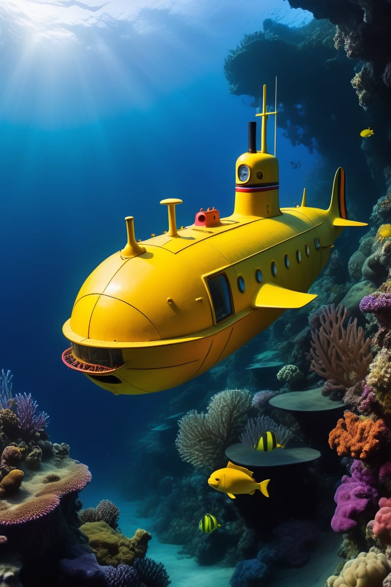 A yellow submarine sails through the depths of the ocean panoramic photo of the submarine with all the vegetation or marine fauna