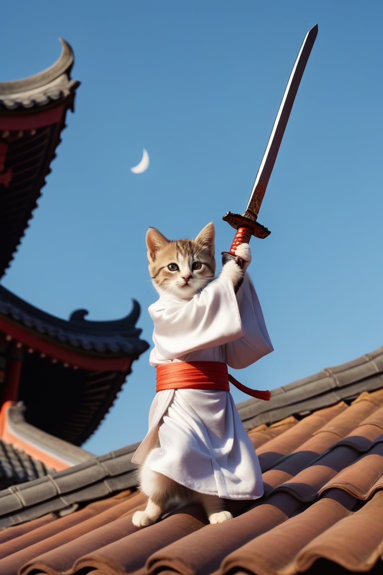 Long shot of character, movie style, on the tile roof, a cute kitten ((sword in hand, flying forward, feet off the roof)), wearing ancient Chinese robe, flowing robe, bright moon in the sky, Chinese martial arts style