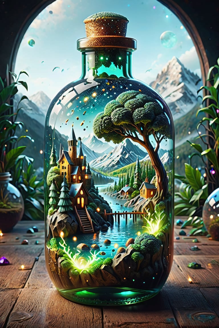 best quality,high resolution,realistic,extremely detailed,8k,crisp,vibrant detailed macro image masterpiece,glowing floating insane dream particles artistic hyperdetailed immersive galactic fantasy,huge realistic,detailed busy scene inspired cinematic, micro shot, miniature world, extreme close up inside the big magical bottle, iridescent colorful massive neon lightning strikes contained inside the rounded bottle, detailed landscape with trees and mountains and rivers inside the rounded bottle, there should be mist and smoke inside the rounded bottle, intricate, blurry dark background, , , ,brccl,glitter
