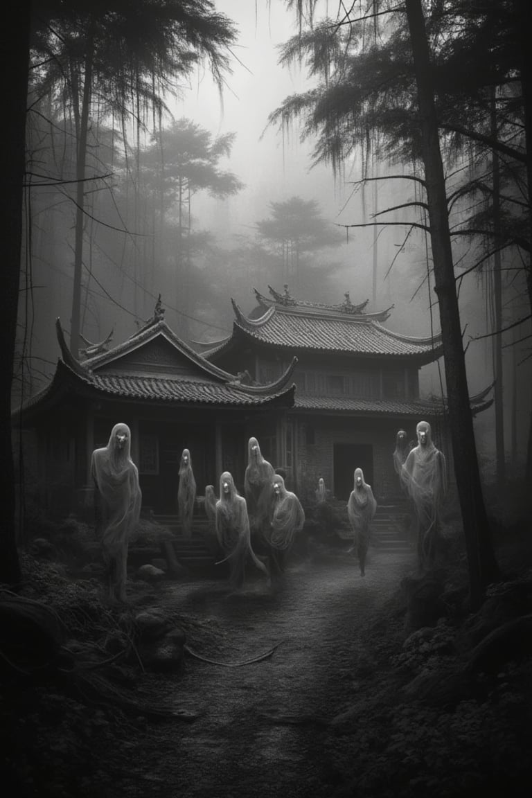 A serene Chinese village nestled deep within a dense forest, depicted in monochrome with foggy atmosphere. The village is surrounded by ghostly and skeleton apparitions, adding an eerie ambiance. The scene is framed with a wide-angle shot, capturing the entire village and the misty forest. The lighting is soft and diffused, enhancing the mysterious mood. The composition emphasizes the contrast between the village's tranquility and the ghostly presence.