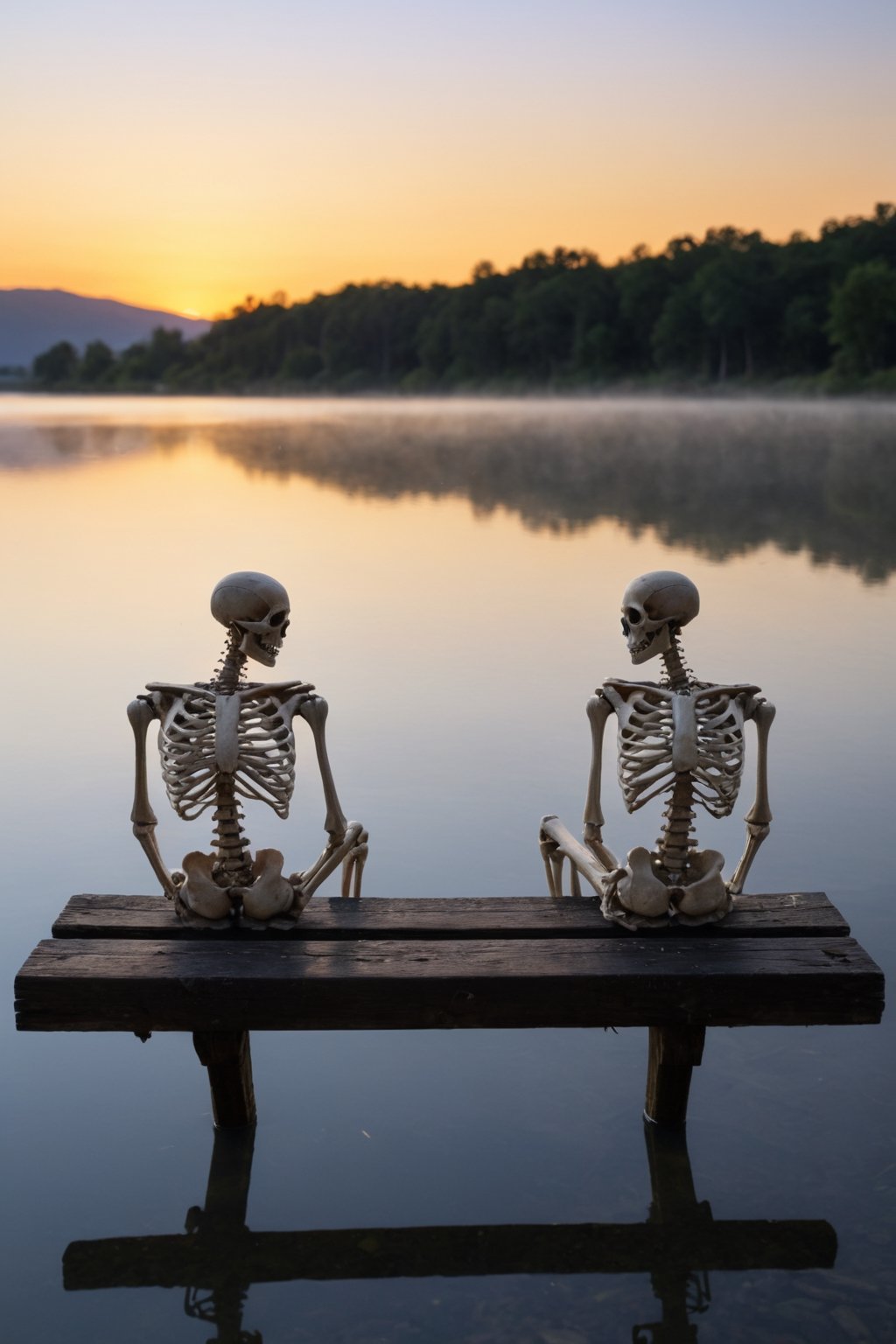 dos (((esqueletos))) sentados en una banca viendo el atardecer en un lago,los esqueletos se ven muy bien definidos y realistas abrazados juntos bien del atardecer
