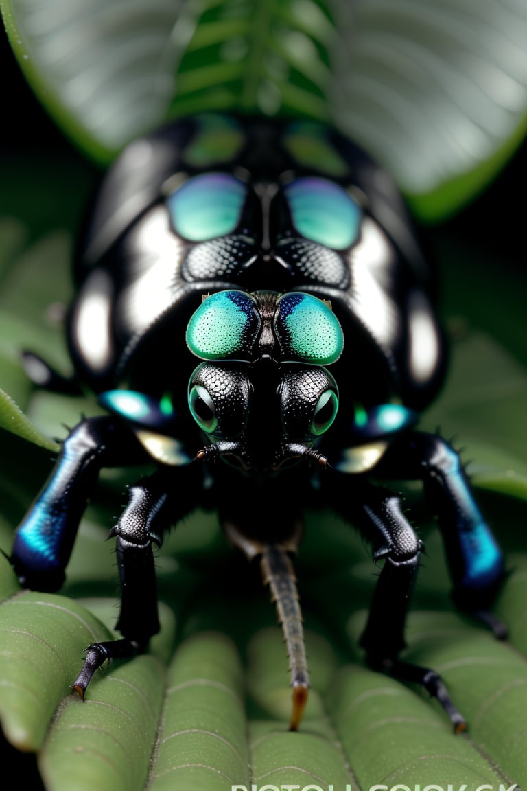 Close up photo of a beetle with iridescent shell, looking at the camera, jungle background at noon, macro photography, hdri, vibrant colors, in the style of National Geographic, intricate details, Nikon D50 camera, harsh midday light