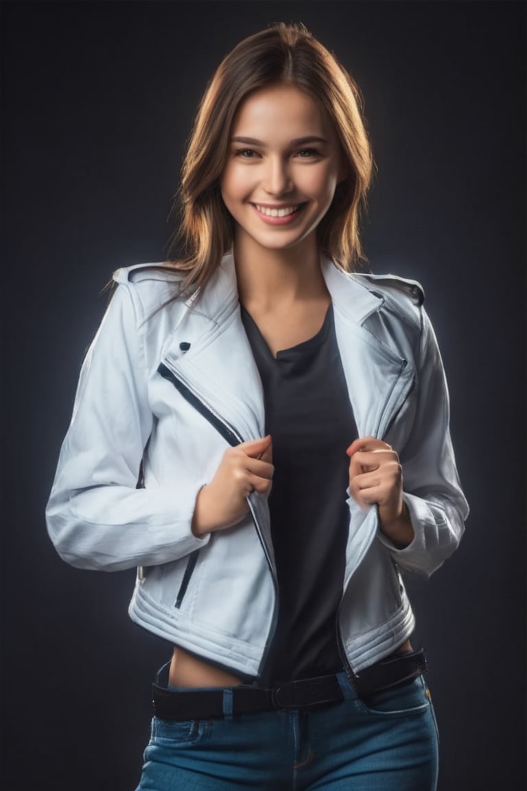 Masterpiece, highest quality image, A girl smiles, opening a black jacket with her hands, showing a white t-shirt, masterpiece, hdr, high resolution, best quality, masterpiece, studio light, professional,3d style