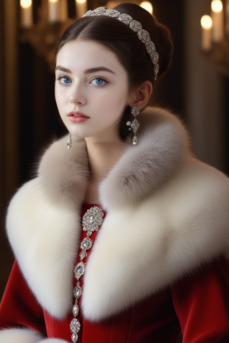 best quality, masterpiece,	
A Hollywood starlet, channeling the allure of a beautiful Spanish girl, exudes Rococo glamour in a red fur outfit, accented with a fur-trim capelet, her dark brown hair elegantly styled in a bun. Her ensemble is completed with fashionable accessories, blending opulence with a modern chic that captures the essence of timeless beauty and sophistication.
ultra realistic illustration, siena natural ratio, ultra hd, realistic, vivid colors, highly detailed, UHD drawing, perfect composition, ultra hd, 8k, he has an inner glow, stunning, something that even doesn't exist, mythical being, energy, molecular, textures, iridescent and luminescent scales, breathtaking beauty, pure perfection, divine presence, unforgettable, impressive, breathtaking beauty, Volumetric light, auras, rays, vivid colors reflects.