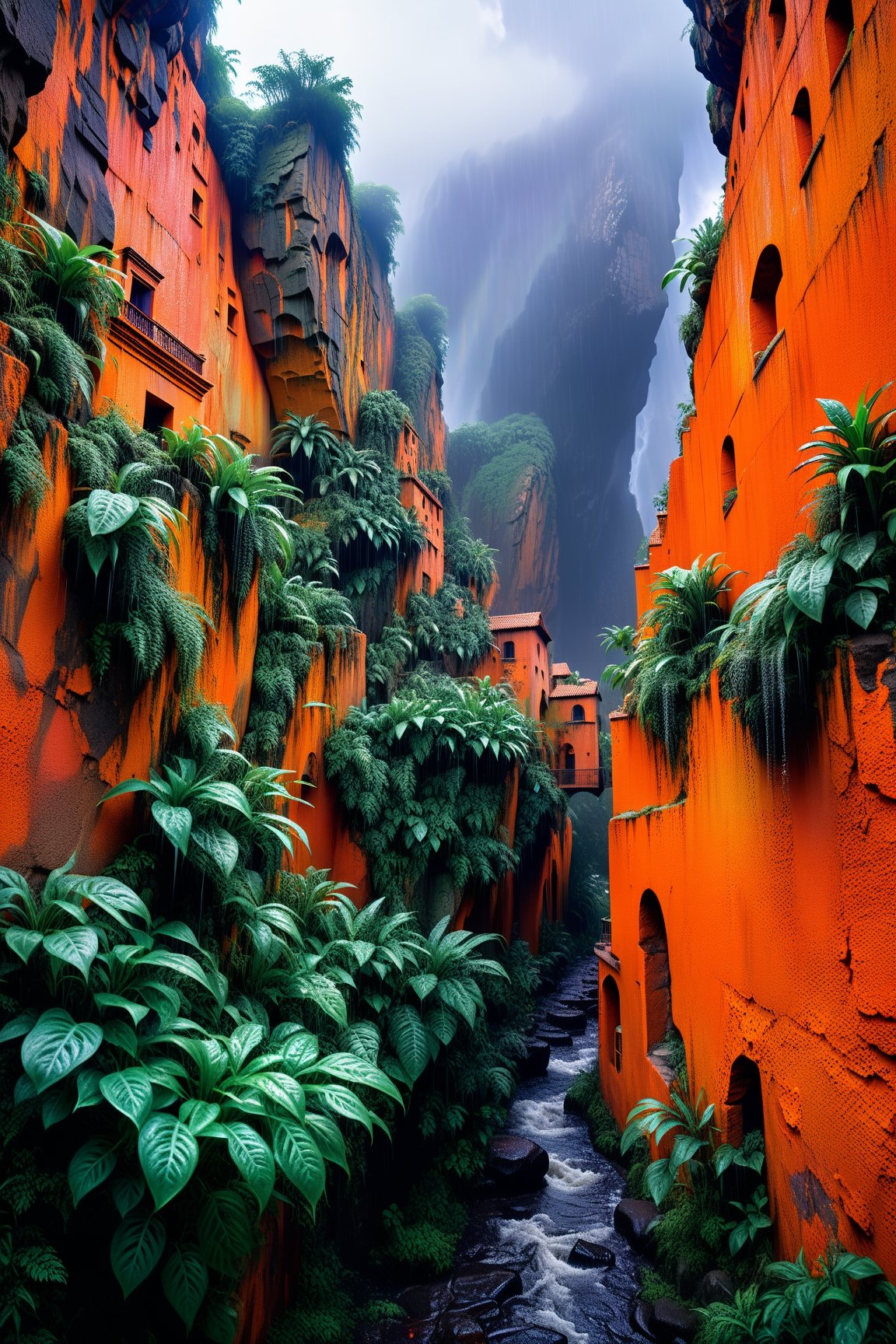 ancient city between the rocks, orange wall material, hyper realistic, dslr photo, sophisticated architecture, impossible shapes, lush vegetation, catchy colors and deep light, many small and colorful details and details, careful detailing of structures,raining,rainbow