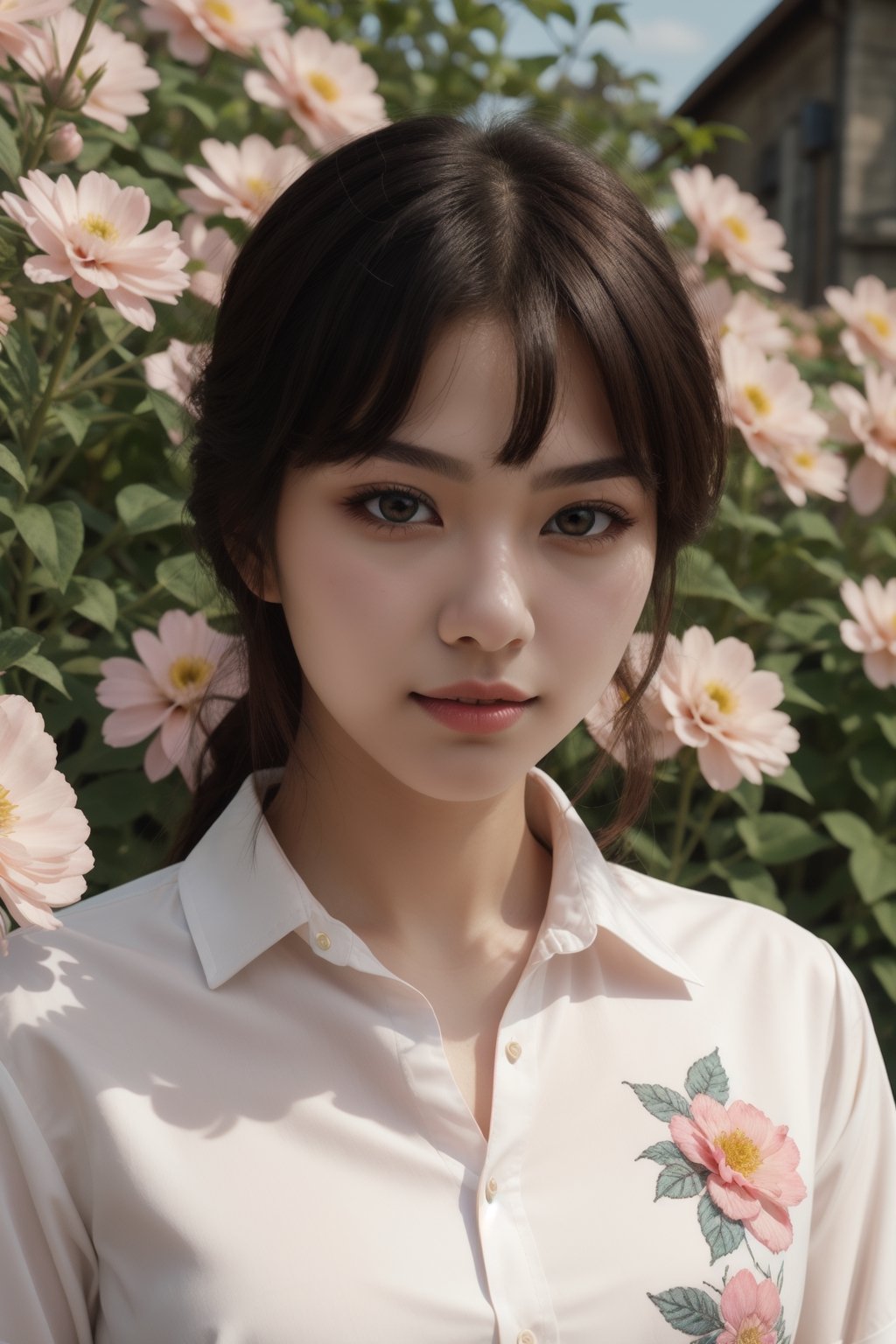 1 girl, solo, detailed eyes, blink and youll miss it detail, silk shirt, outdoors, flower garden, high quality, floral background, very detailed,wonder beauty ,Enhance,JeeSoo 