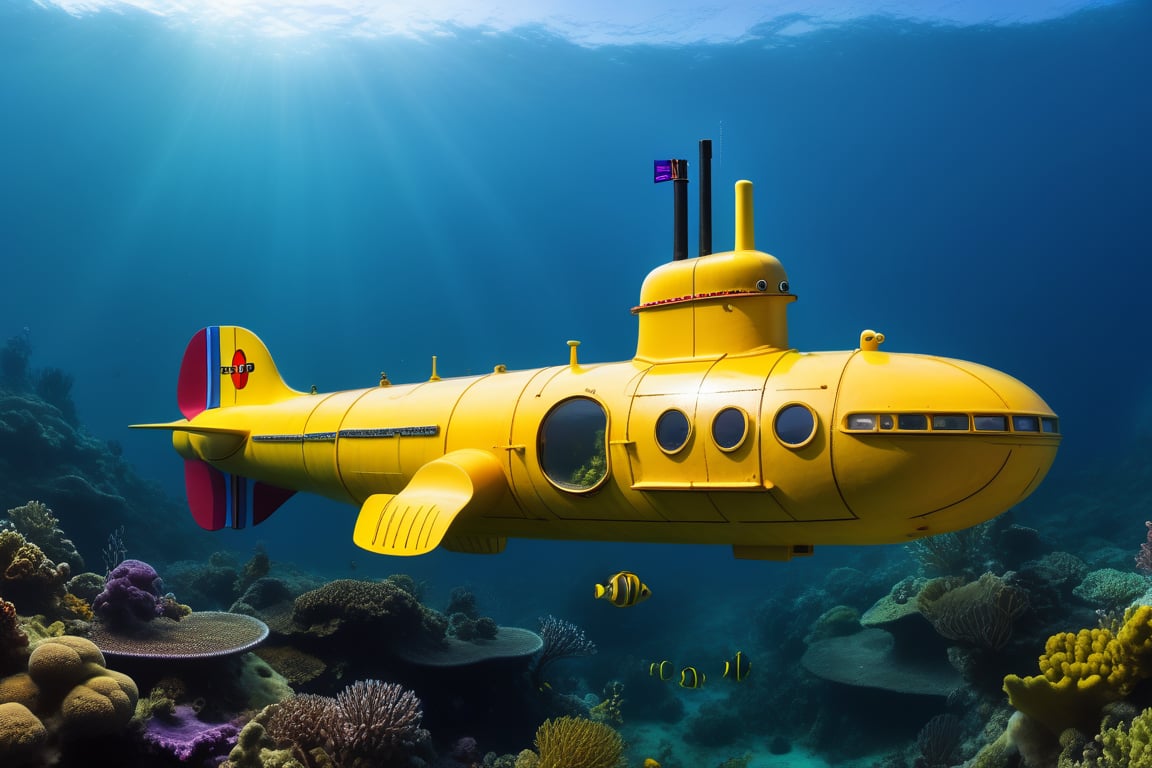 A yellow submarine sails through the depths of the ocean panoramic photo of the submarine with all the vegetation or marine fauna