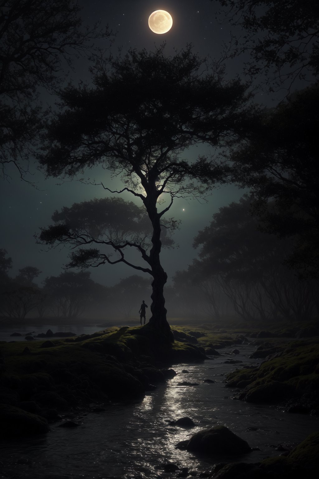 A serene fantasy scene unfolds beneath a radiant moonlit sky. A gnarled tree, its branches stretching towards the heavens like nature's own cathedral. In the distance, an alien figure emerges from the misty river, its bioluminescent scales shimmering in harmony with the lunar glow.,photorealistic