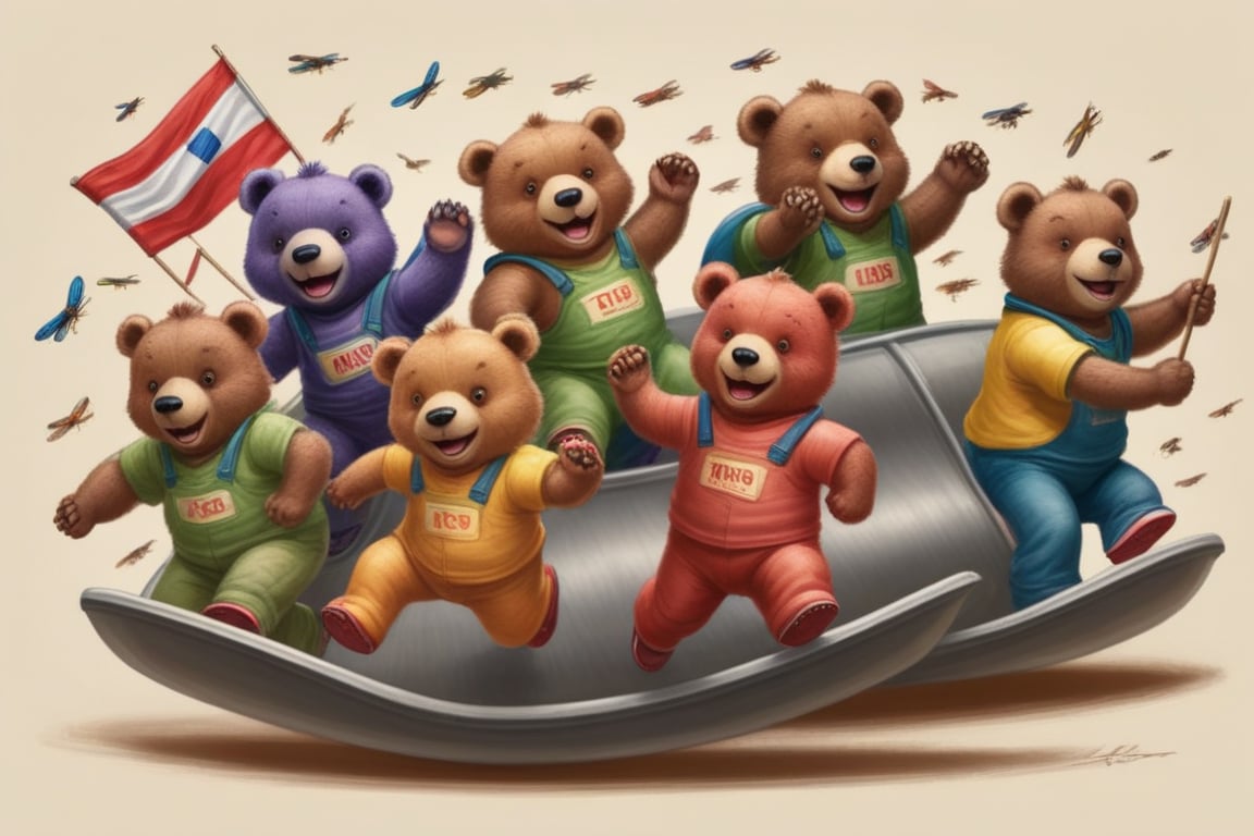 Ten bears representing various countries hopping down a race track where the finish line is a plate of juicy flies.,APEX colourful 