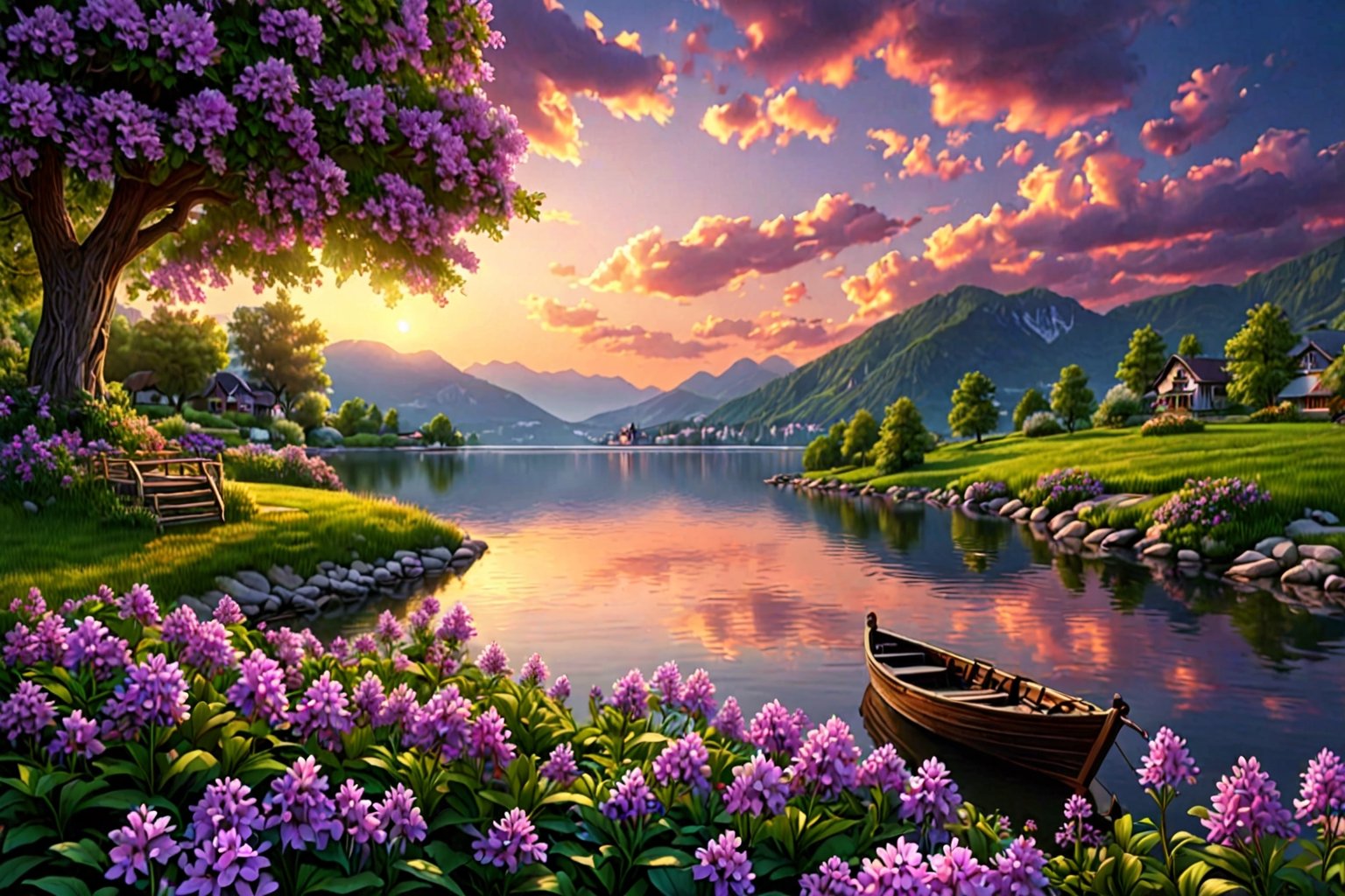 detailed background,( Calm spring night landscape), amongst lush greenery, beautiful view, creeping phlox in full bloom, creeping phlox, early morning, sunrise sky, beautiful clouds, dappled sunlight, outdoor seating, one lamp, Tranquil Lake, Boat on a Lake, depth of field, masterpiece, best quality, ultra-detailed, very aesthetic, illustration, perfect composition, intricate details, absurdres, moody lighting, wisps of light, no humans,





