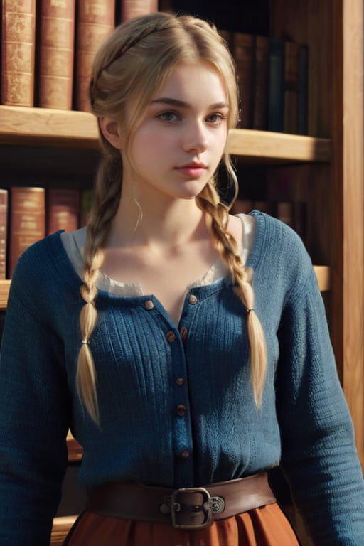 17 year old Medieval girl, named Sophie, medium blonde hair, blue eyes, medium breast, dynamic view, teen peasant girl, full body, 17 years old, (masterpiece), ultra high resolution, 8k, masterpiece UHD, unparalleled masterpiece, ultra realistic 8K, one beautiful girl,{masutepiece}, ((Best Quality)), hight resolution, {{Ultra-detailed}}, {extremely details CG}, {8k wall paper},kawaii,anime, Library Ladder, Climbing to reach a top-shelf book, Evening, Books of various sizes surrounding her, Vertical view of the tall bookshelf, Warm overhead lighting, Focus on her curiosity, Leather and paper Texture, Knowledge-seeking Mood, Wearing glasses and a sweater, Hair in a loose bun