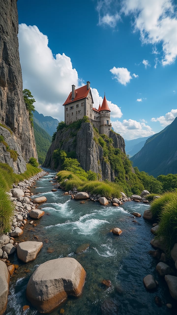 Captured at eye-level on a vibrant day, a majestic castle stands atop a mountain, adorned with a red roof. The castle is situated on a rocky cliff, adding a touch of nature to the scene. To the right of the castle, a stream of water is flowing, creating a peaceful and serene landscape. The sky is a deep blue, dotted with a few white fluffy clouds, adding depth to the composition.