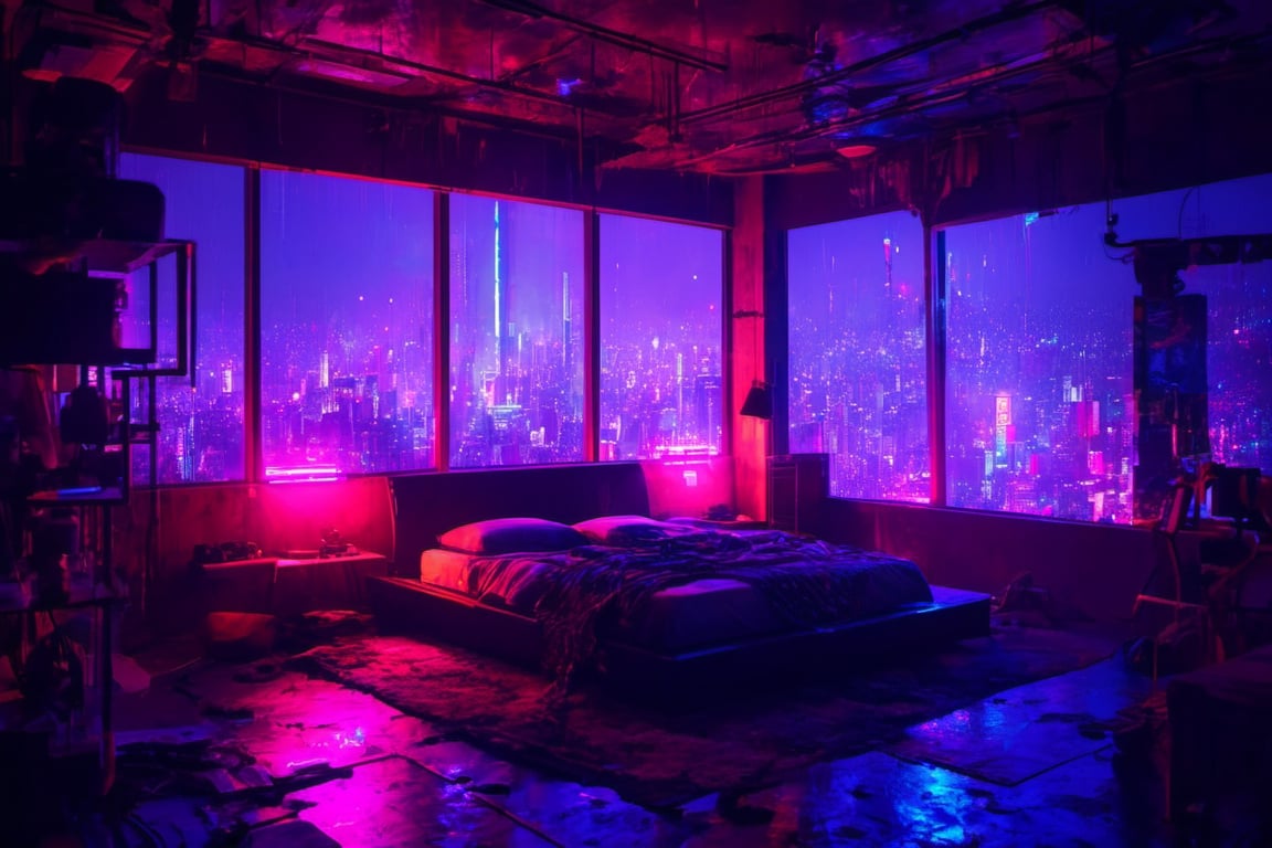 paiting, anime, futuristic bedroom, brutalist, ceiling high windows, cyberpunk, cityscape, neon lights, night, raining, volumetric light,aw0k euphoric style