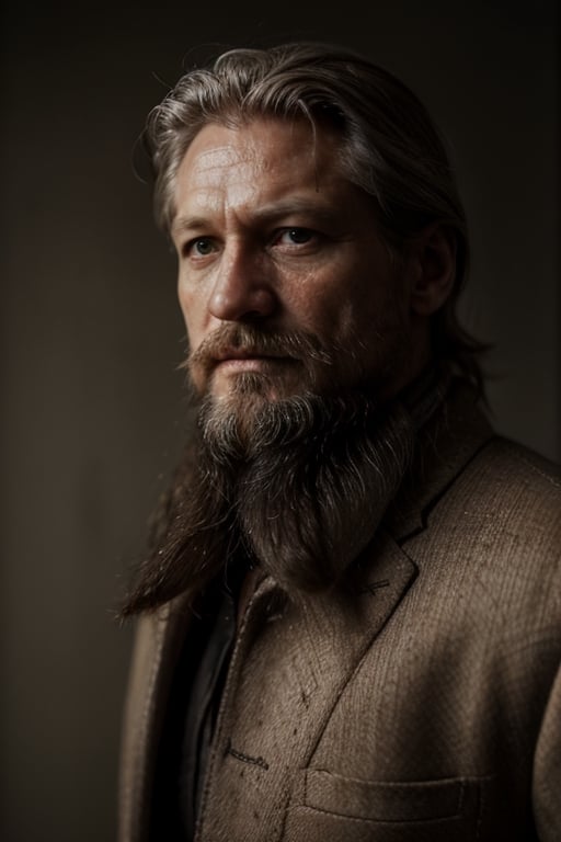 Old man, A mix between Nikolaj Coster-Waldau and Philippe Dumas, old man full beard, low contrast, Nordic god, silver braids, runes, almond-shaped eyes, Natural and soft light, semi-silhouette, film grain effect. 8k, photographic, Movie Still, ,close up,detailmaster2,Movie Still,perfecteyes,realhands