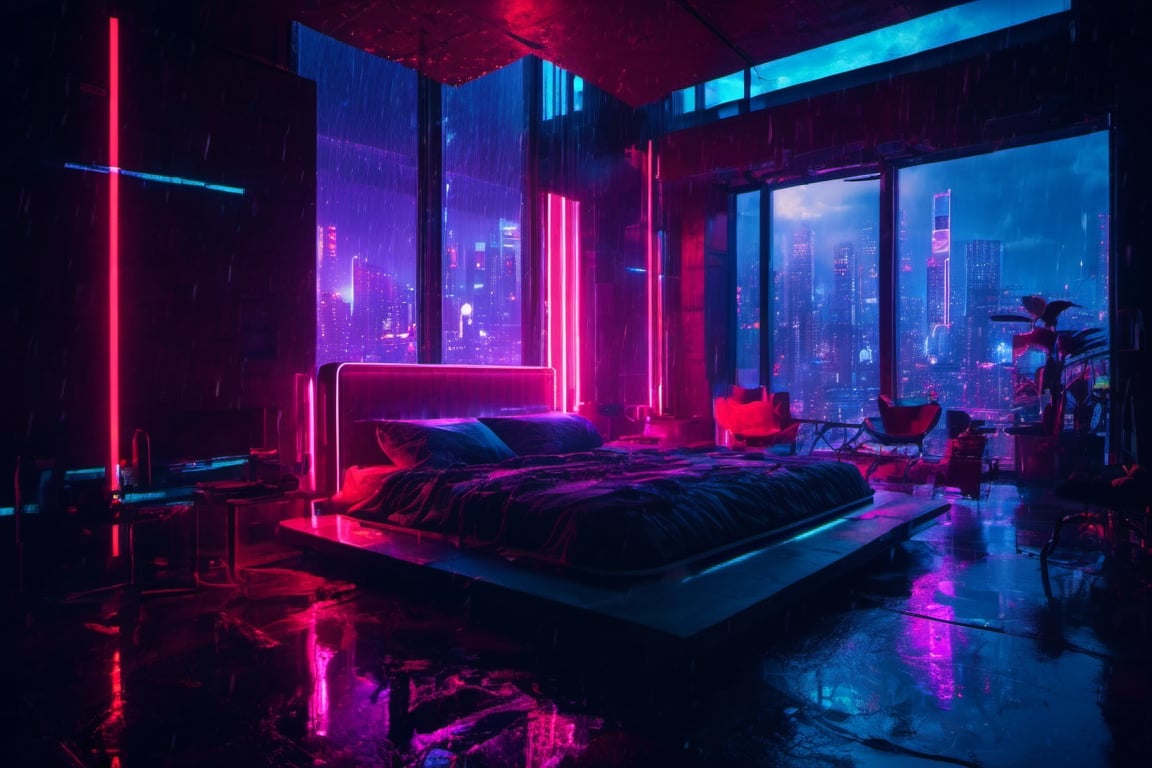 futuristic bedroom, brutalist, ceiling high windows, cyberpunk, cityscape, neon lights, night, raining, volumetric light