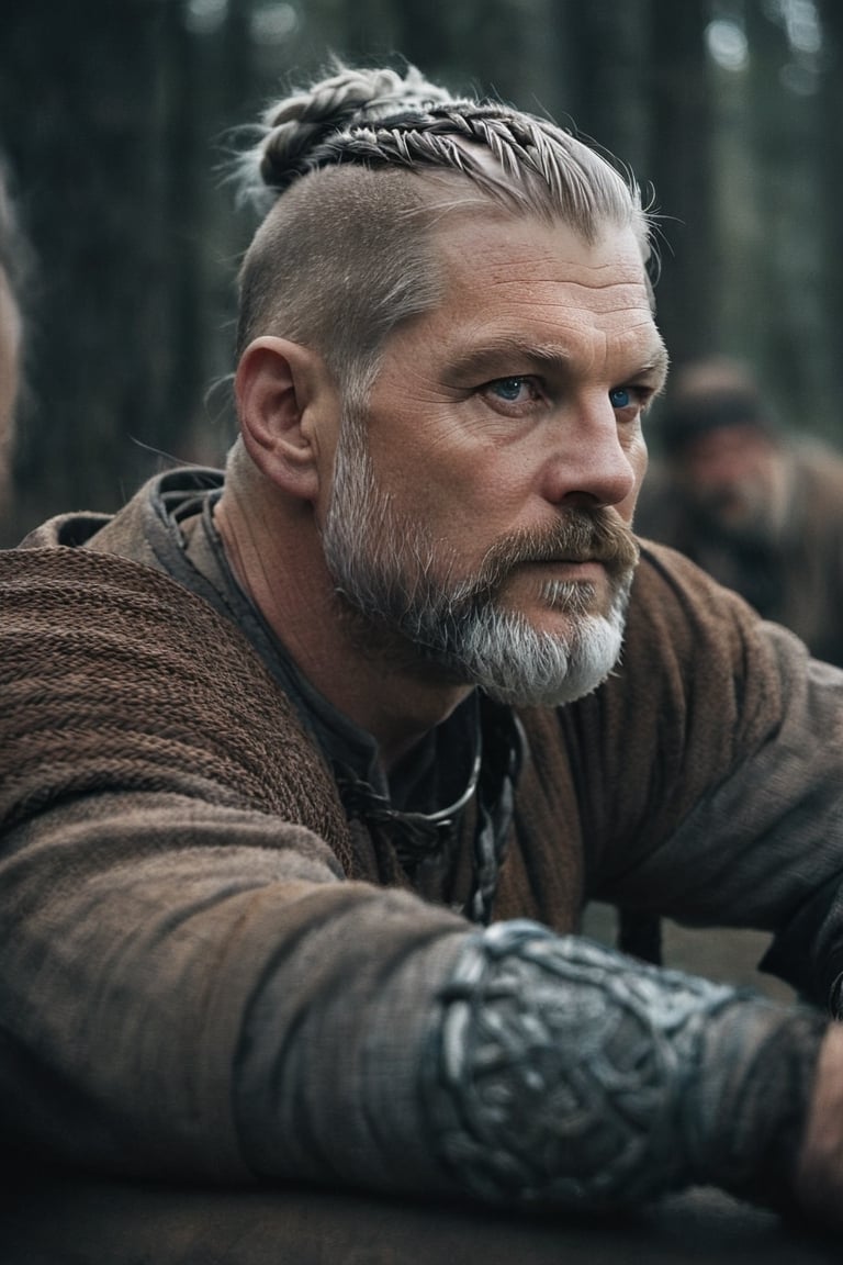  Blue eyes, A mix between Nikolaj Coster-Waldau face and Philippe Dumas face, Old man Nordic god, silver braids, runes,, old man full beard, low contrast, Nordic god, silver braids, runes, almond-shaped eyes, Natural and soft light, semi-silhouette, film grain effect. 8k, photographic, Movie Still, ,close up,detailmaster2,Movie Still,perfecteyes,realhands