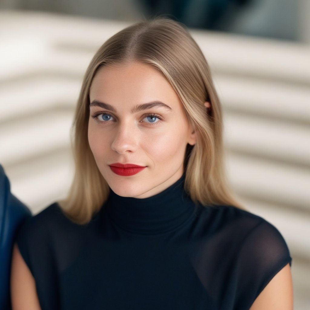 A young woman, half-length, with a slight smile and looking at the camera. Perspective and quality: frontal, 10k, focus on face, high detail. Determining mood: hyperrealistic, [Midjourney] style, white background, soft light, vivid colors. Subject/Scene: symmetrical face, pure blue almond-shaped eyes, crystal clear looking skin, realistic looking eyes, long straight blonde hair, red lips, thin eyebrows, long eyelashes, silver eyeshadow.