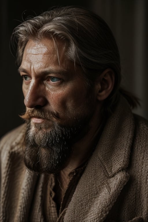 Old man, A mix between Nikolaj Coster-Waldau and Philippe Dumas, old man full beard, low contrast, Nordic god, silver braids, runes, almond-shaped eyes, Natural and soft light, semi-silhouette, film grain effect. 8k, photographic, Movie Still, ,close up,detailmaster2,Movie Still,perfecteyes,realhands