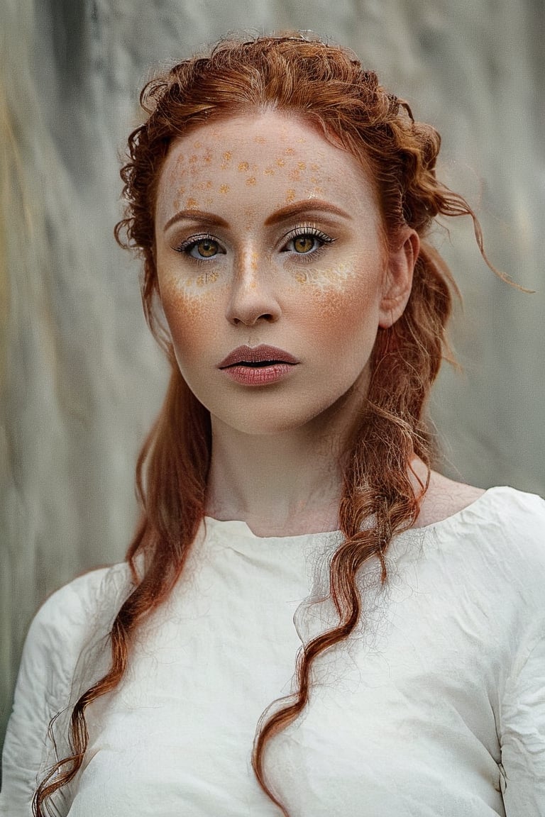 Wild woman, red curly hair, a MYSTIC NORDIC goddess golden red head, red hair, Eliza Dushku face mixed Michelle Trachtenberg face, symmetrical and almond-shaped eyes brown colour eyes, hunter eyes, natural light, intense, perfect face, RAW, analogue, Nikon Z 85 mm, award-winning glamour photograph, ((the best quality)), ((masterpiece)), ((realistic)), intricate details, highly detailed, sharp focus, professional, 4k, spring flowers blooming, god rays, hand model, stunning eyes, delicate, innocent, high-res, detailed facial features, high detail, sharp focus, smooth, aesthetic, extremely detailed, photo_\(ultra\), photorealistic, realistic, post-processing, max detail, real life, ultra realistic, photorealism, photography, 8k UHD, photography, SEMI-SILHOUETTE light., perfect composition, beautiful detailed intricate insanely detailed, 8k artistic photography, photorealistic concept art, soft natural volumetric cinematic perfect light, chiaroscuro, award - winning photograph, masterpiece ,aw0k magnstyle,Magical Fantasy style,b3rli,perfecteyes,detailmaster2,close up