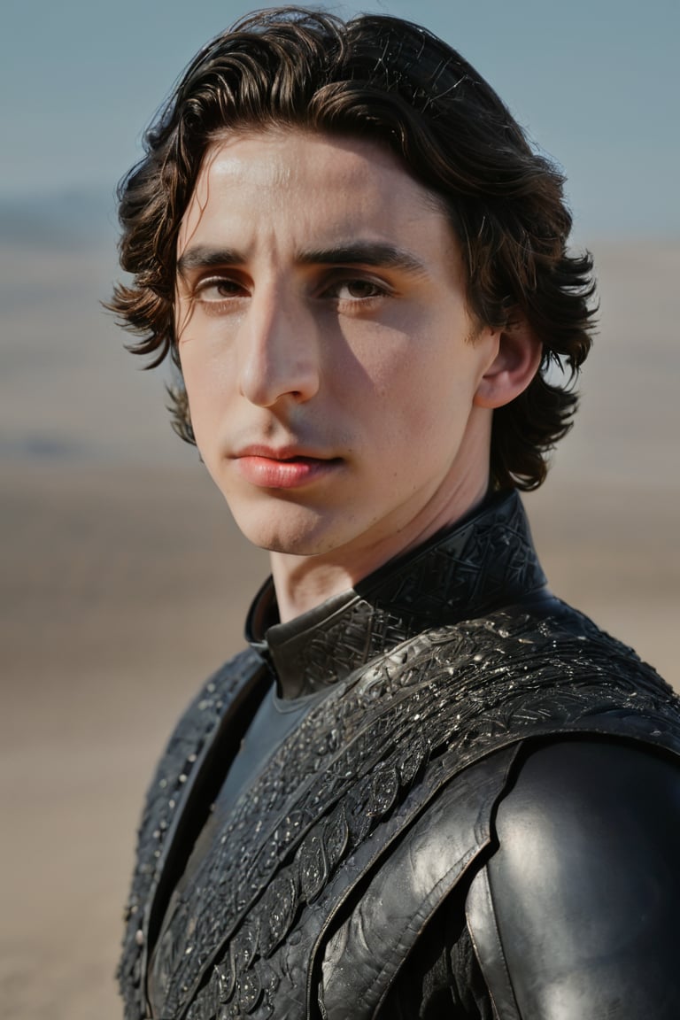 Hyperrealistic photo, Pale Skin, Portrait of a hybridization between Timothée Chalamet face and Adam Driver face , detailed symmetrical face , 4k textures, symmetrical eyes,RAW photo, 4k, masterpiece, high-res, extremely intricate, high detailed skin,1.2 prfm style, symmetrical face, closed lips, almond-shaped black eyes, crystal obsidian grim armour, perfect composition, beautiful detailed intricate insanely detailed, 8k artistic photography, photorealistic concept art, soft natural volumetric cinematic perfect light. hunter eyes, natural light, intense, perfect face, RAW, analogue, Nikon Z 85 mm.
,detailmaster2,Movie Still,male