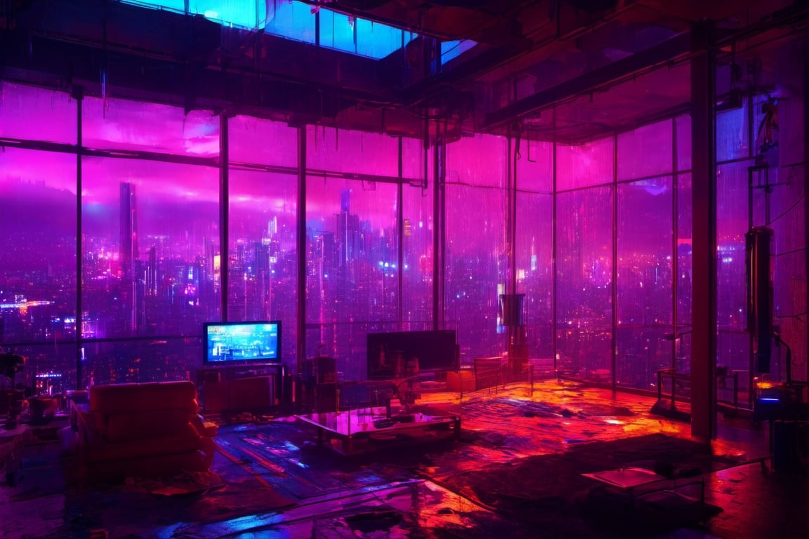 paiting, anime, futuristic bedroom, brutalist, ceiling high windows, cyberpunk, cityscape, neon lights, night, raining, volumetric light,aw0k euphoric style