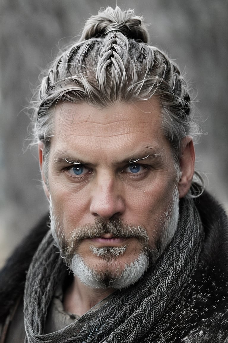  Blue eyes, A mix between Nikolaj Coster-Waldau face and Philippe Dumas face, Old man Nordic god, silver braids, runes,, old man full beard, low contrast, Nordic god, silver braids, runes, almond-shaped eyes, Natural and soft light, semi-silhouette, film grain effect. 8k, photographic, Movie Still, ,close up,detailmaster2,Movie Still,perfecteyes,realhands