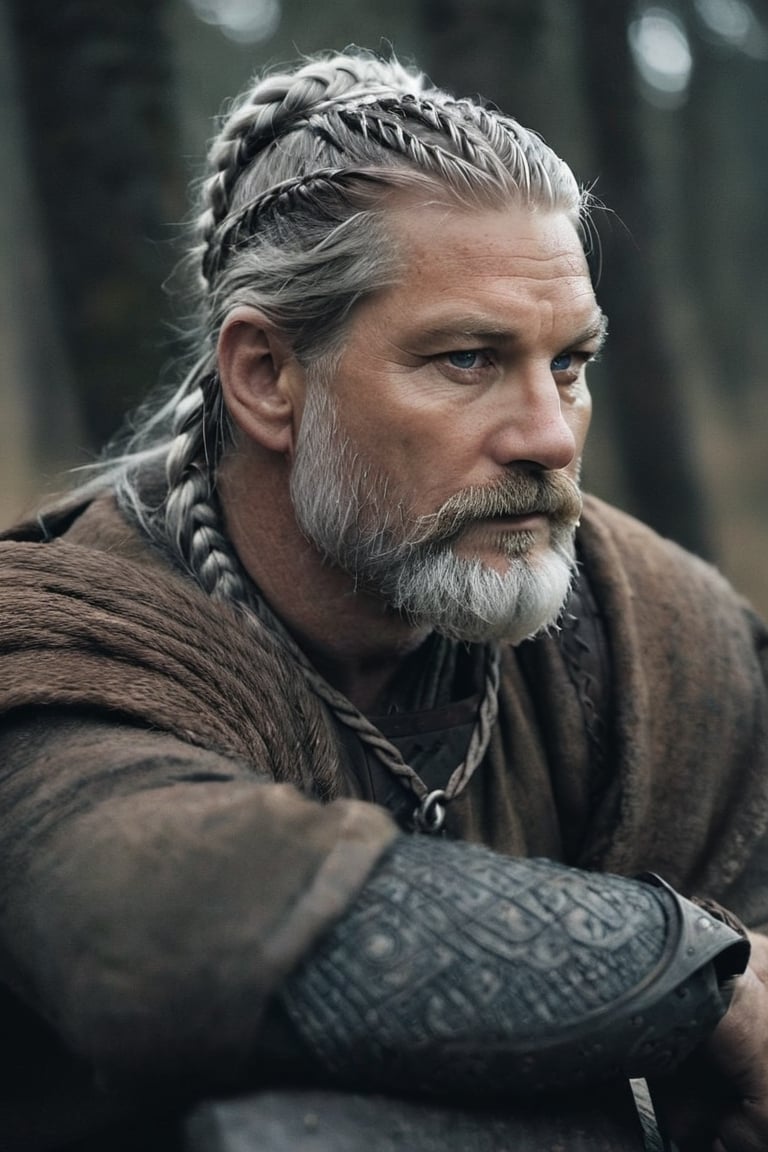  Blue eyes, A mix between Nikolaj Coster-Waldau face and Philippe Dumas face, Old man Nordic god, silver braids, runes,, old man full beard, low contrast, Nordic god, silver braids, runes, almond-shaped eyes, Natural and soft light, semi-silhouette, film grain effect. 8k, photographic, Movie Still, ,close up,detailmaster2,Movie Still,perfecteyes,realhands