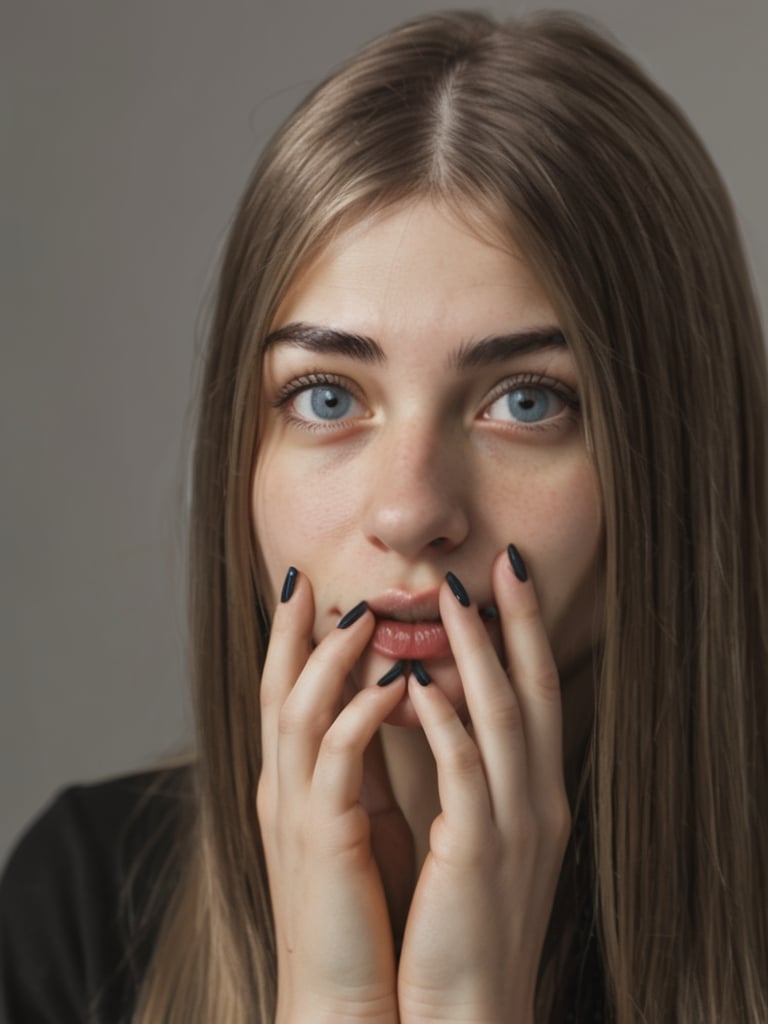 Perfect (((Hands)), perfect ((fingers)),A young woman, half-length, with a slight smile and looking at the camera. Perspective and quality: frontal, 10k, focus on face, high detail. Determining mood: hyperrealistic, [Midjourney] style, white background, soft light, vivid colors. Subject/Scene: symmetrical face, pure blue almond-shaped eyes, crystal clear looking skin, realistic looking eyes, long straight blonde hair, black lips, thin eyebrows, long eyelashes, black eyeshadow, Extremely Realistic