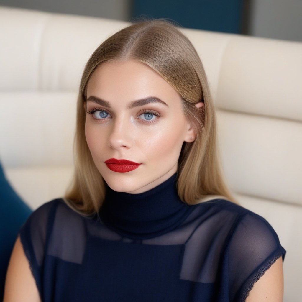 A young woman, half-length, with a slight smile and looking at the camera. Perspective and quality: frontal, 10k, focus on face, high detail. Determining mood: hyperrealistic, [Midjourney] style, white background, soft light, vivid colors. Subject/Scene: symmetrical face, pure blue almond-shaped eyes, crystal clear looking skin, realistic looking eyes, long straight blonde hair, red lips, thin eyebrows, long eyelashes, silver eyeshadow.