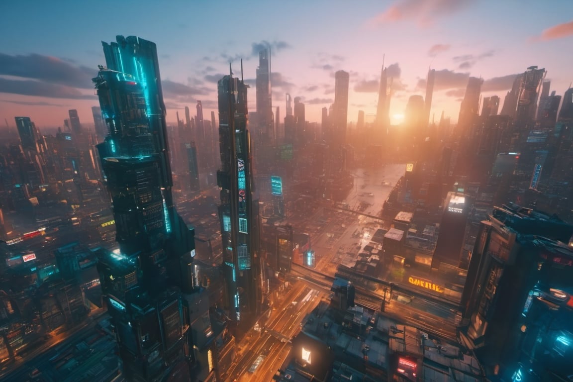 cyberpunk city, daytime, sunrise, detailed, photorealistic, 8 k, view from the top of a skyscraper, flying drones carring an amazon packages 